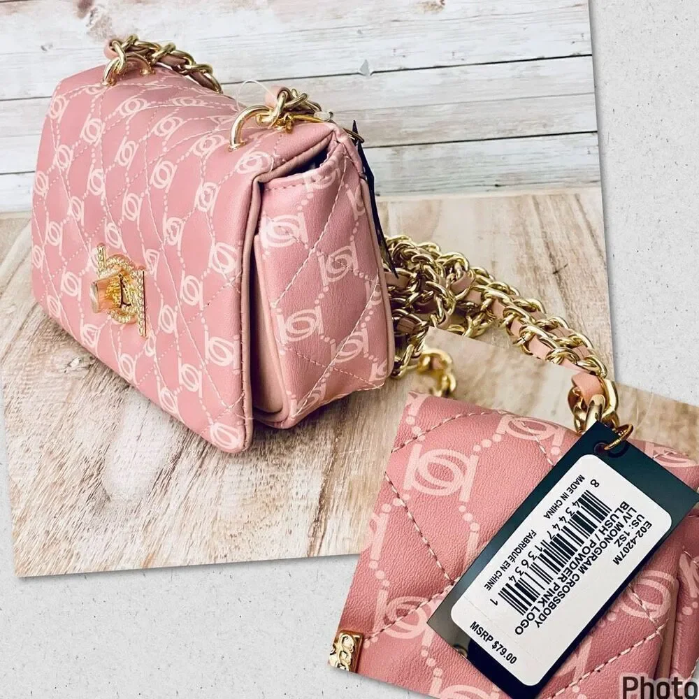 NWT BEBE Gorgeous Pink logo Liv Signature quilted gold chain Crossbody bag